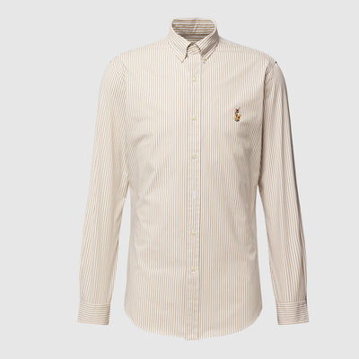 POLO RL FLEX STRIPTED BUTTON DOWN SLIM FIT SHIRT-BEIGE