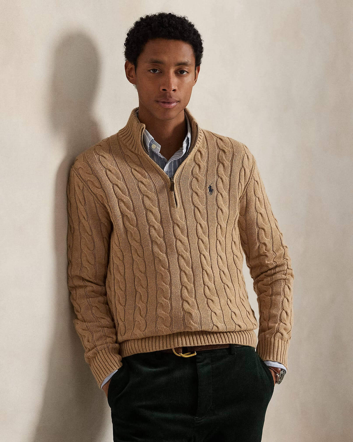 RL-Cable-Knit Cotton Quarter-Zip Jumper-BEIGE