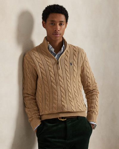 RL-Cable-Knit Cotton Quarter-Zip Jumper-BEIGE