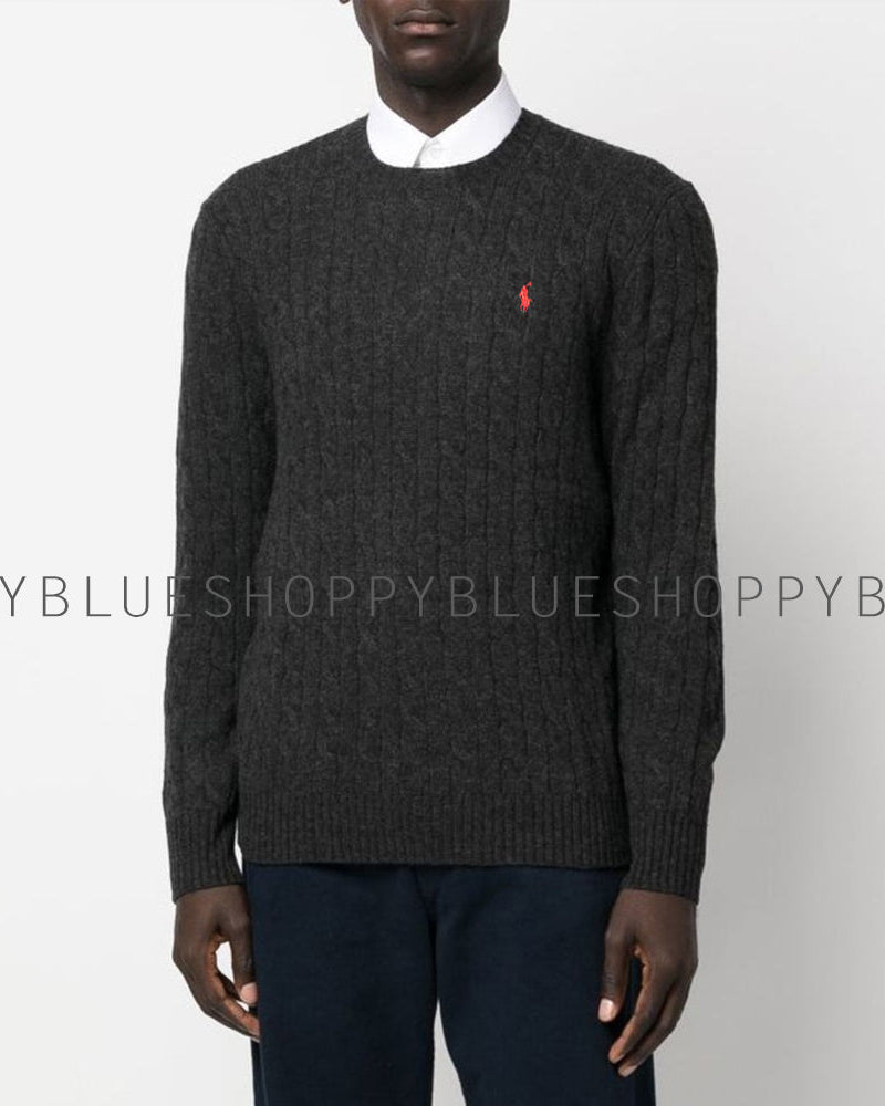 RL CABLE KNIT Wool SWEATER-charcoal