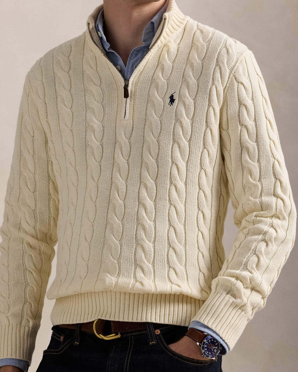 RL-Cable-Knit Cotton Quarter-Zip Jumper-WHITE