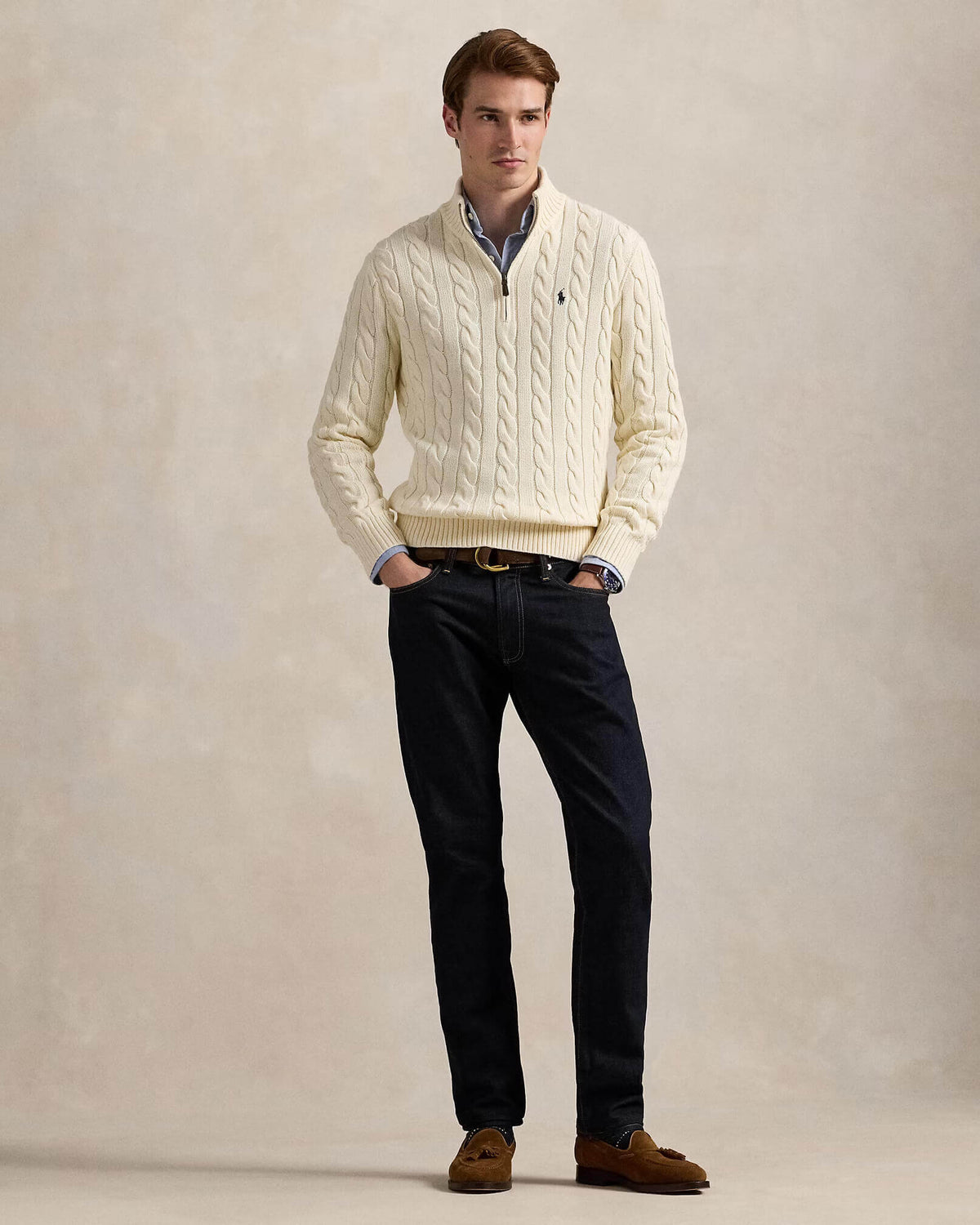 RL-Cable-Knit Cotton Quarter-Zip Jumper-WHITE
