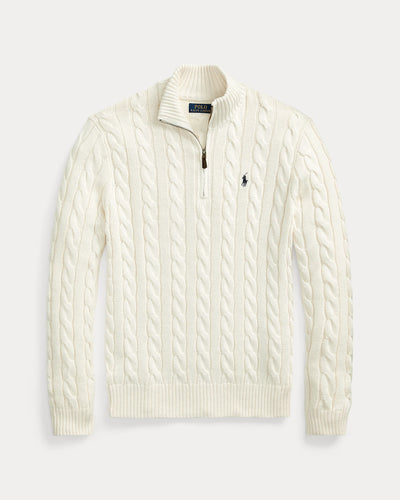 RL-Cable-Knit Cotton Quarter-Zip Jumper-WHITE