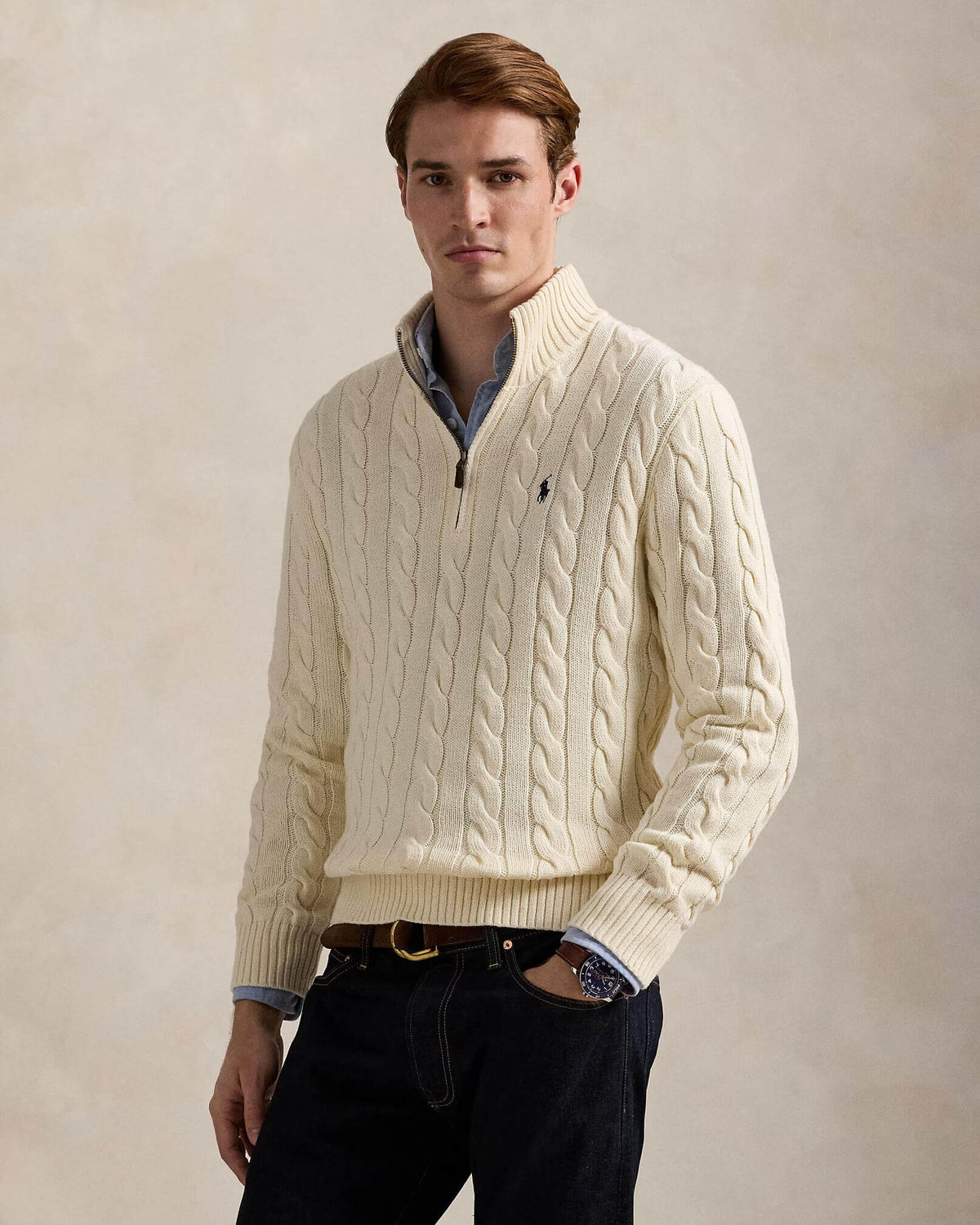 RL-Cable-Knit Cotton Quarter-Zip Jumper-WHITE