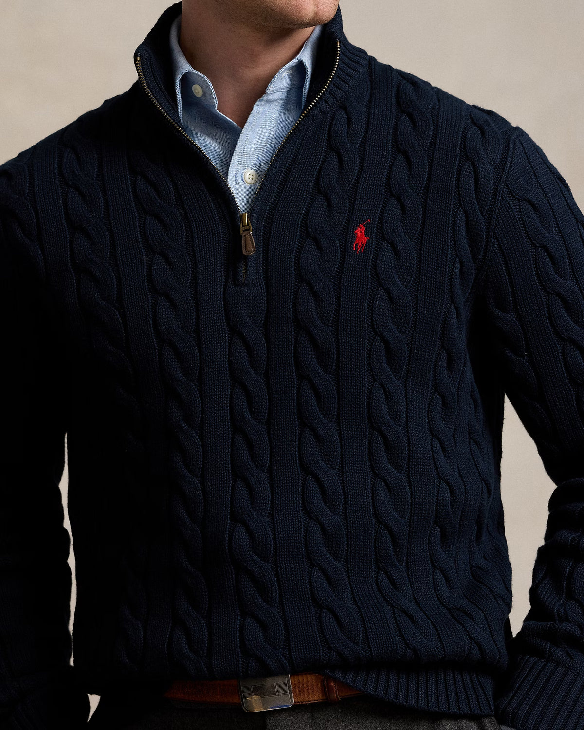 RL-Cable-Knit Cotton Quarter-Zip Jumper-NAVY