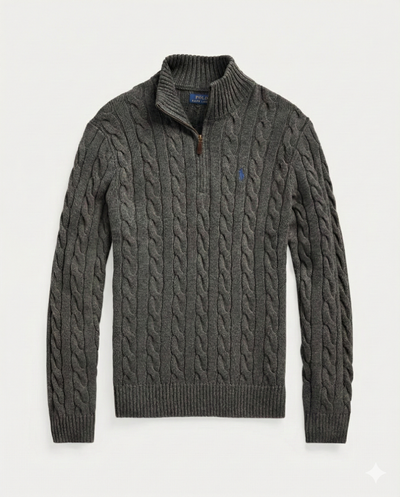 RL-Cable-Knit Cotton Quarter-Zip Jumper-CHARCOAL