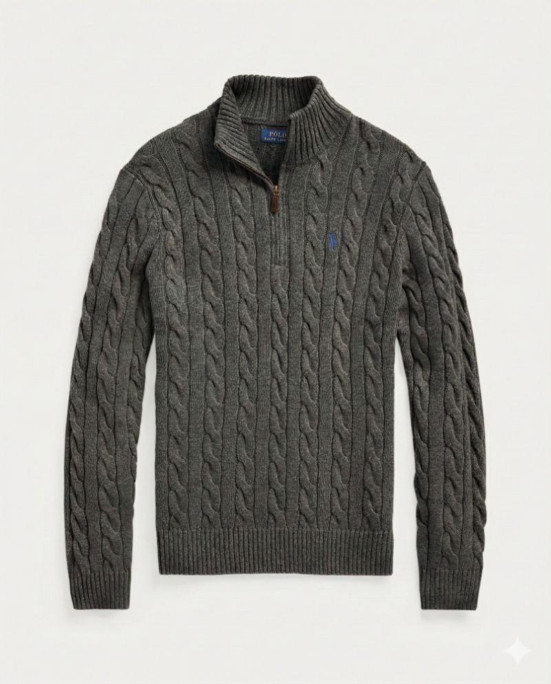 RL-Cable-Knit Cotton Quarter-Zip Jumper-CHARCOAL