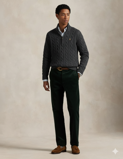 RL-Cable-Knit Cotton Quarter-Zip Jumper-CHARCOAL