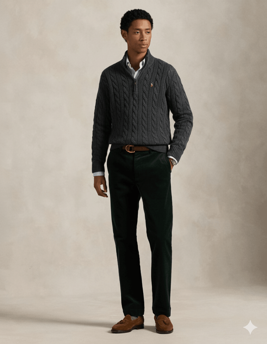RL-Cable-Knit Cotton Quarter-Zip Jumper-CHARCOAL