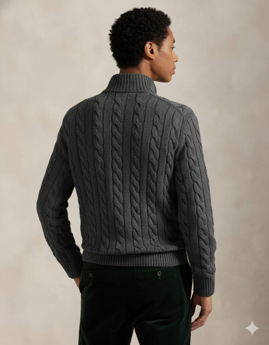 RL-Cable-Knit Cotton Quarter-Zip Jumper-CHARCOAL