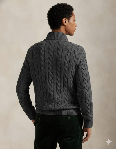 RL-Cable-Knit Cotton Quarter-Zip Jumper-CHARCOAL