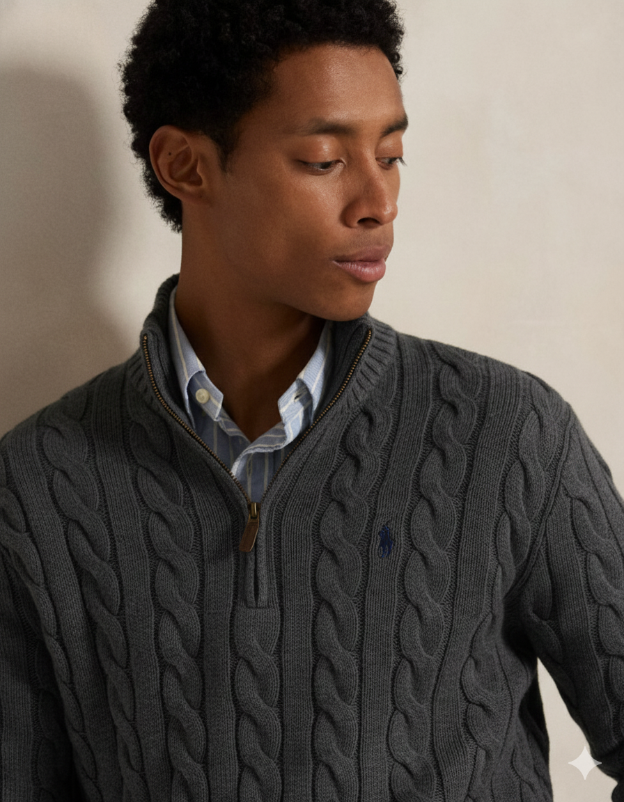 RL-Cable-Knit Cotton Quarter-Zip Jumper-CHARCOAL