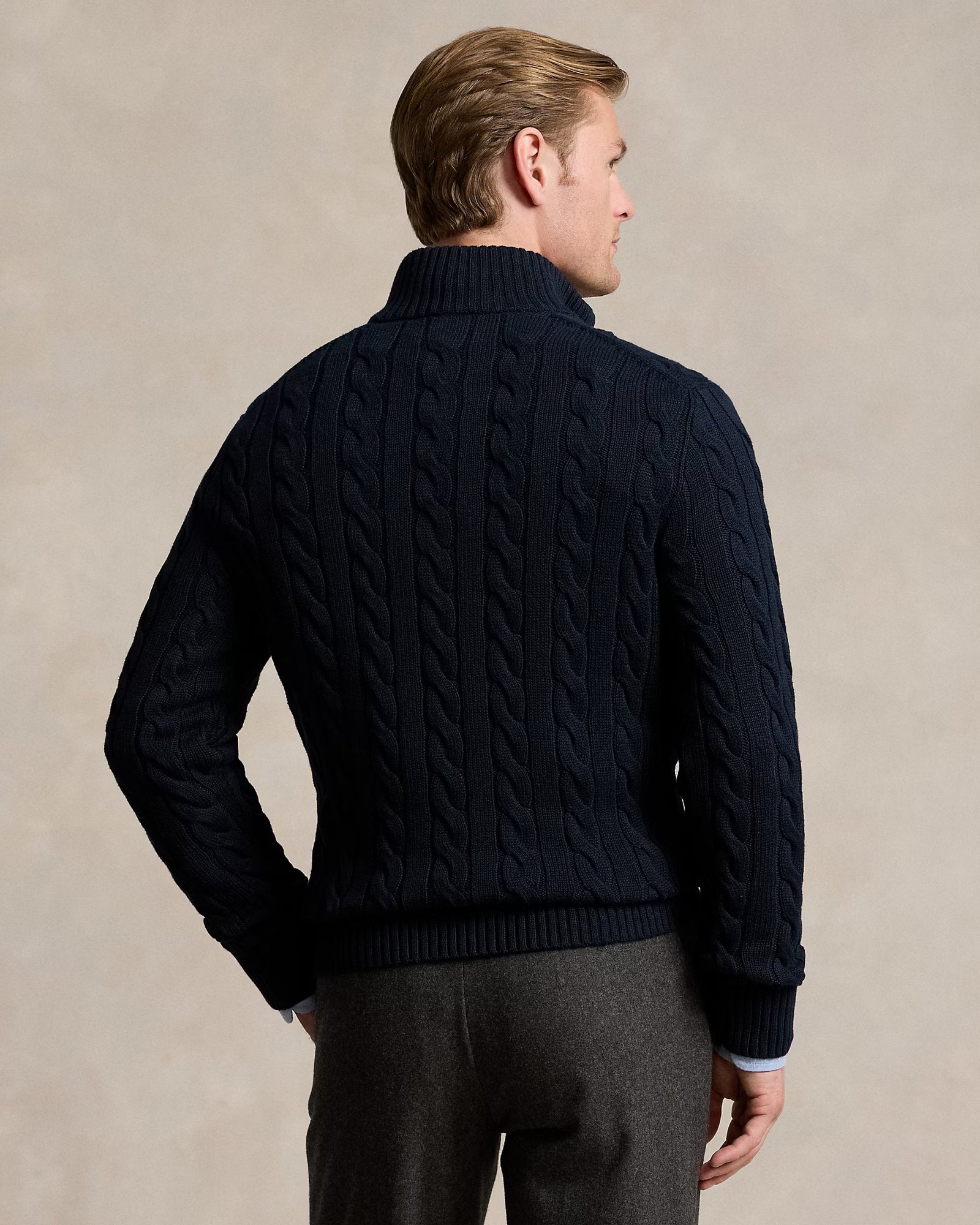 RL-Cable-Knit Cotton Quarter-Zip Jumper-NAVY