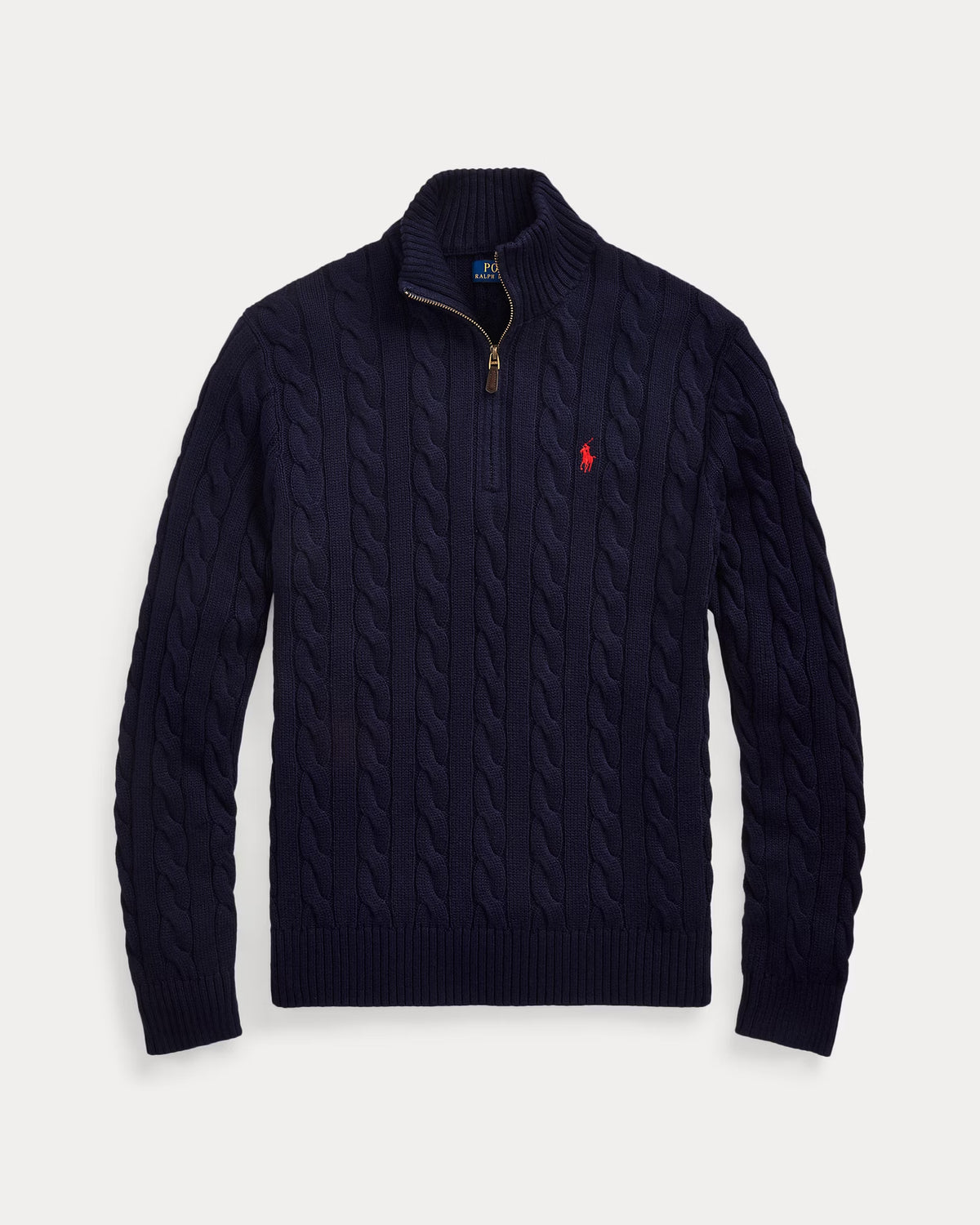 RL-Cable-Knit Cotton Quarter-Zip Jumper-NAVY