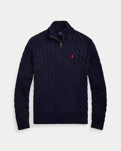 RL-Cable-Knit Cotton Quarter-Zip Jumper-NAVY