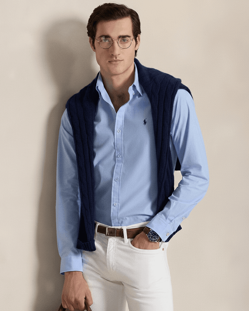 POLO RL BUTTON DOWN COSTUM FIT COTTON SHIRT-SKY BLUE
