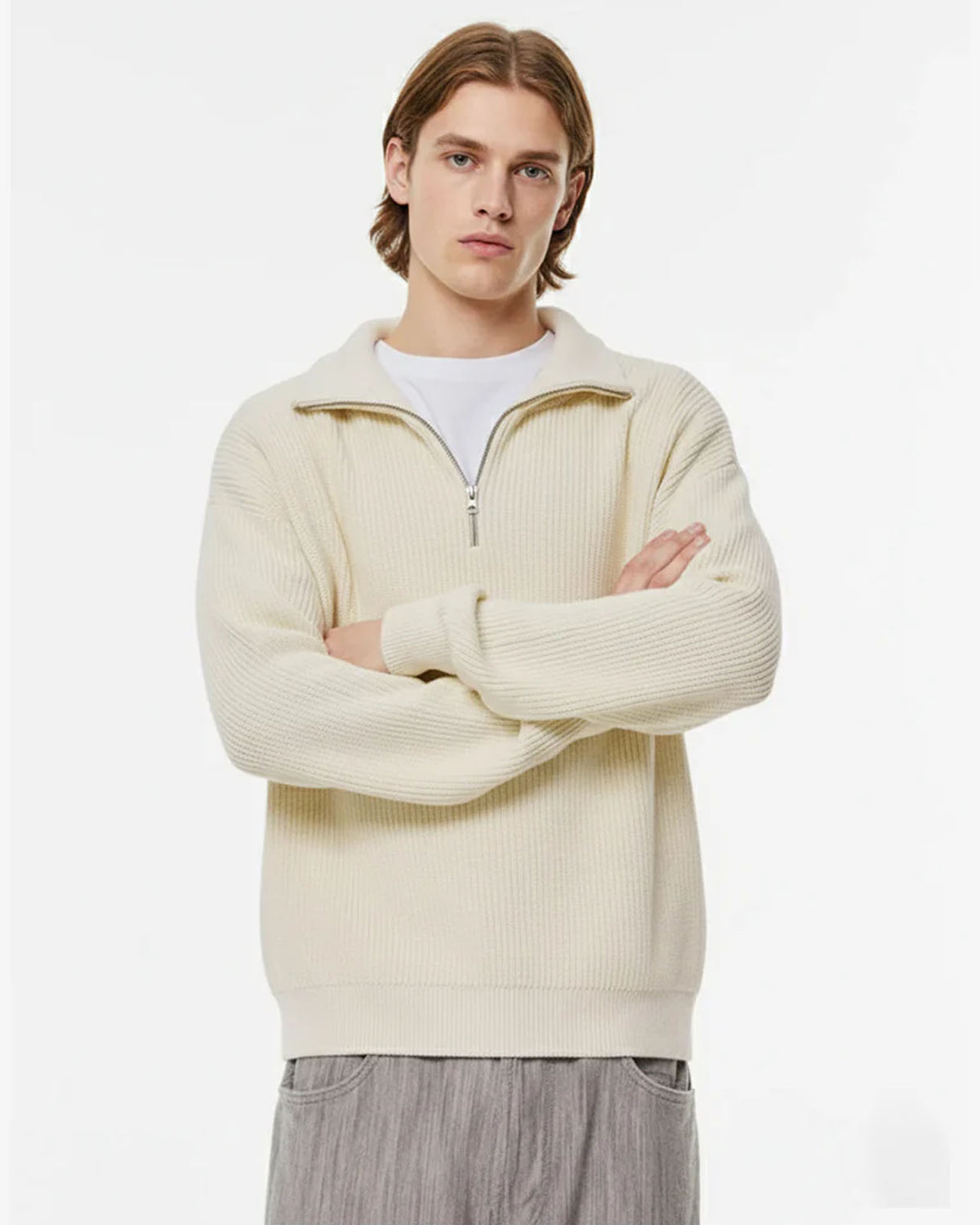 P&amp;B  RIBBED KNIT SWEATER-WHITE