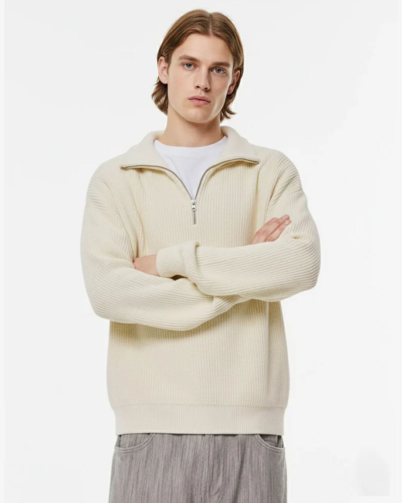 P&B  RIBBED KNIT SWEATER-WHITE