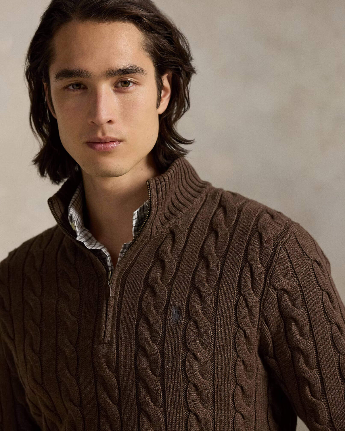 RL-Cable-Knit Cotton Quarter-Zip Jumper-BROWN