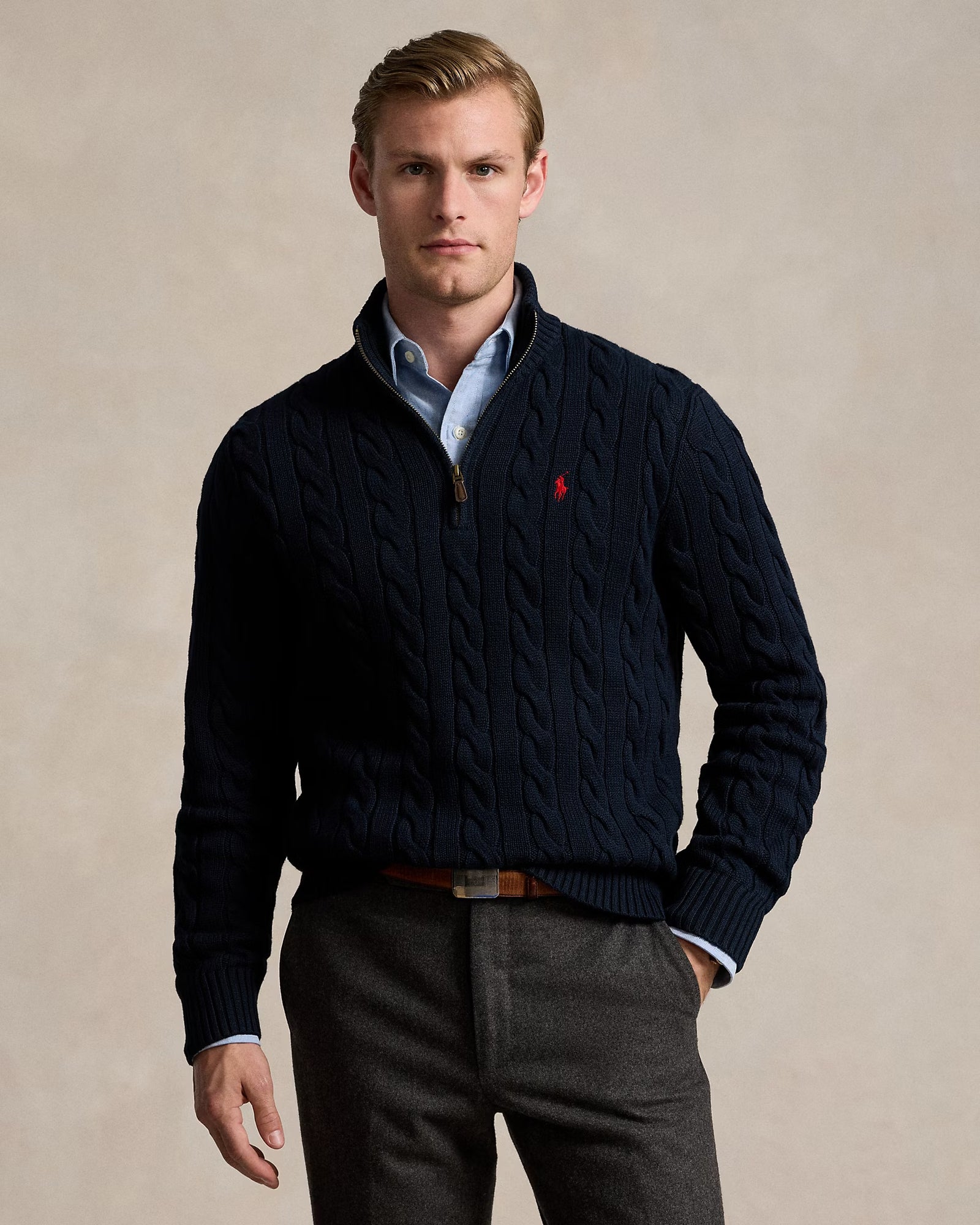 RL-Cable-Knit Cotton Quarter-Zip Jumper-NAVY
