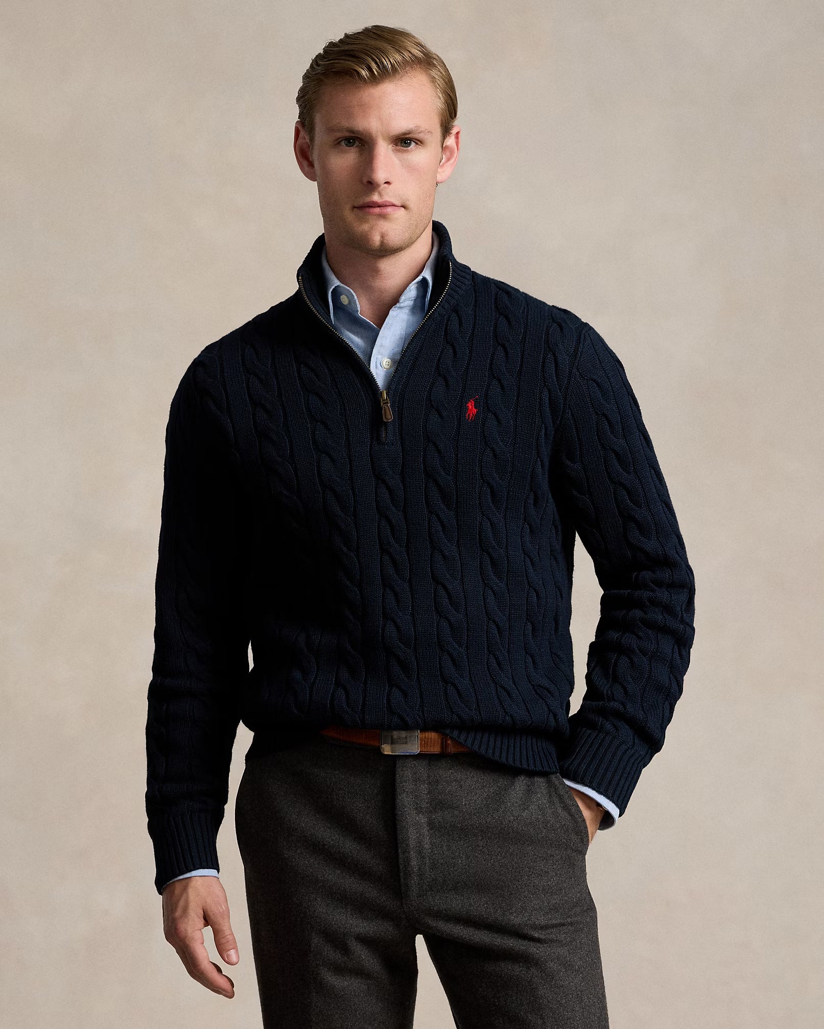 RL-Cable-Knit Cotton Quarter-Zip Jumper-NAVY