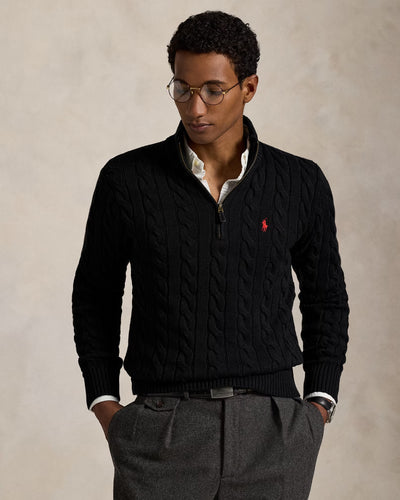 RL-Cable-Knit Cotton Quarter-Zip Jumper-BLACK