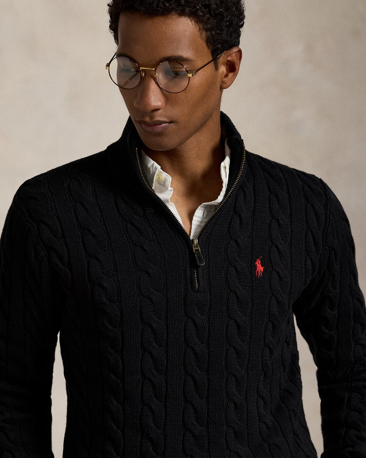 RL-Cable-Knit Cotton Quarter-Zip Jumper-BLACK