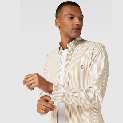 POLO RL FLEX STRIPTED BUTTON DOWN SLIM FIT SHIRT-BEIGE