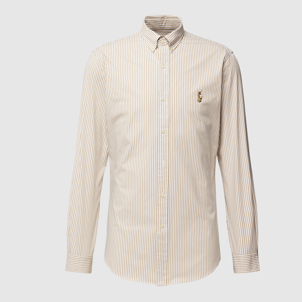 POLO RL FLEX STRIPTED BUTTON DOWN SLIM FIT SHIRT-BEIGE