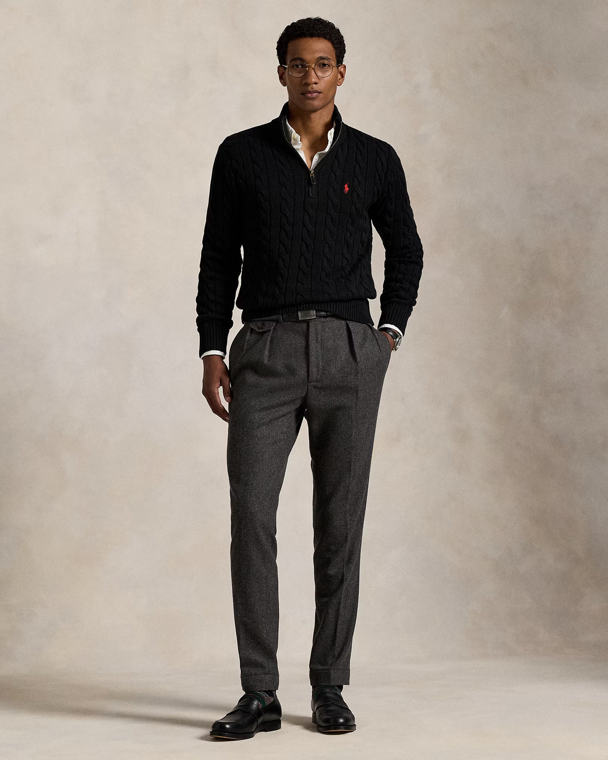 RL-Cable-Knit Cotton Quarter-Zip Jumper-BLACK