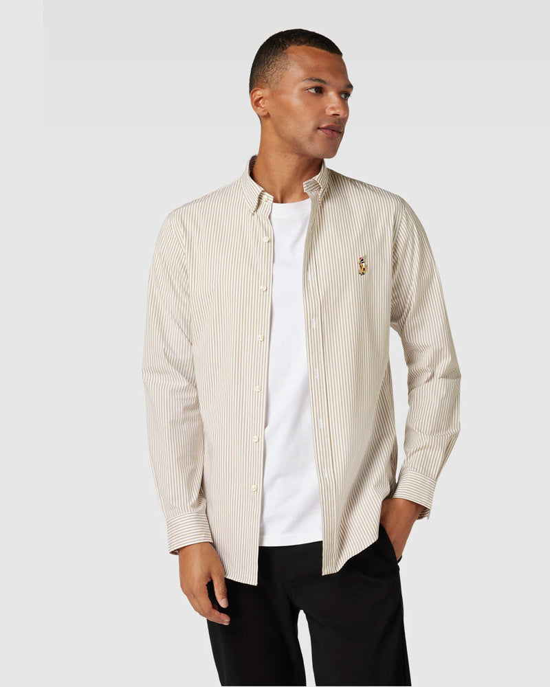 POLO RL FLEX STRIPTED BUTTON DOWN SLIM FIT SHIRT-BEIGE