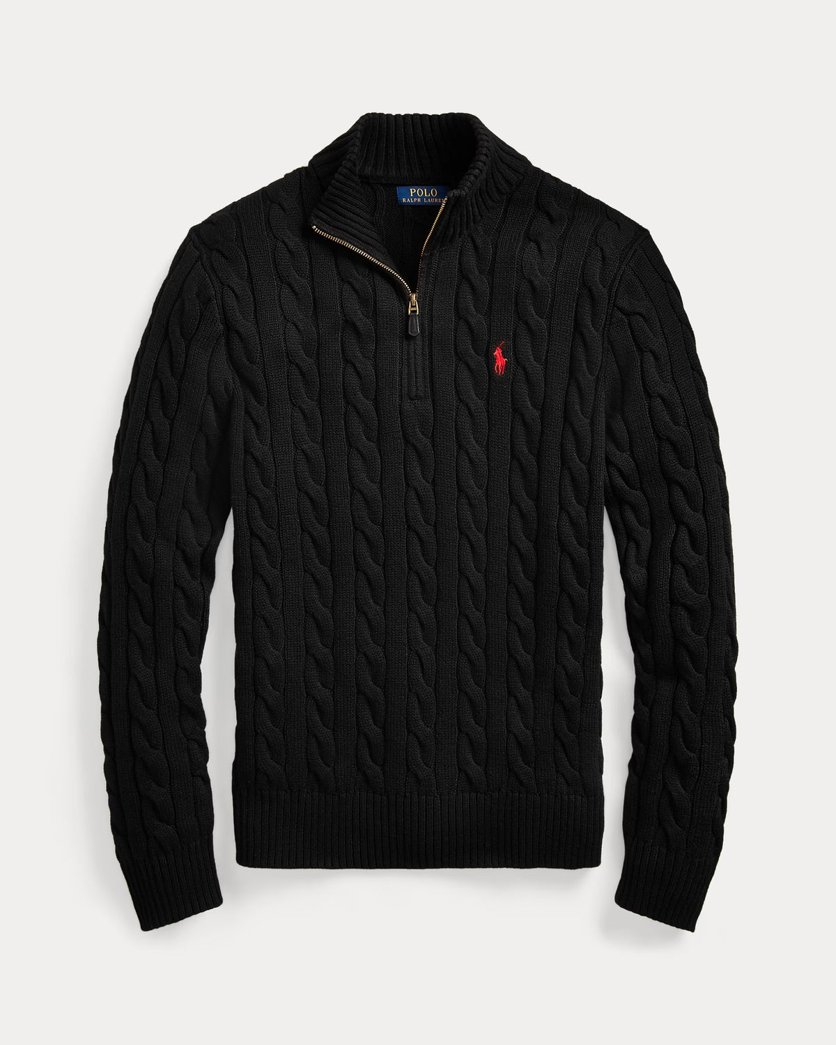 RL-Cable-Knit Cotton Quarter-Zip Jumper-BLACK