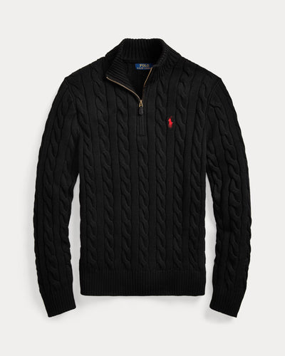RL-Cable-Knit Cotton Quarter-Zip Jumper-BLACK
