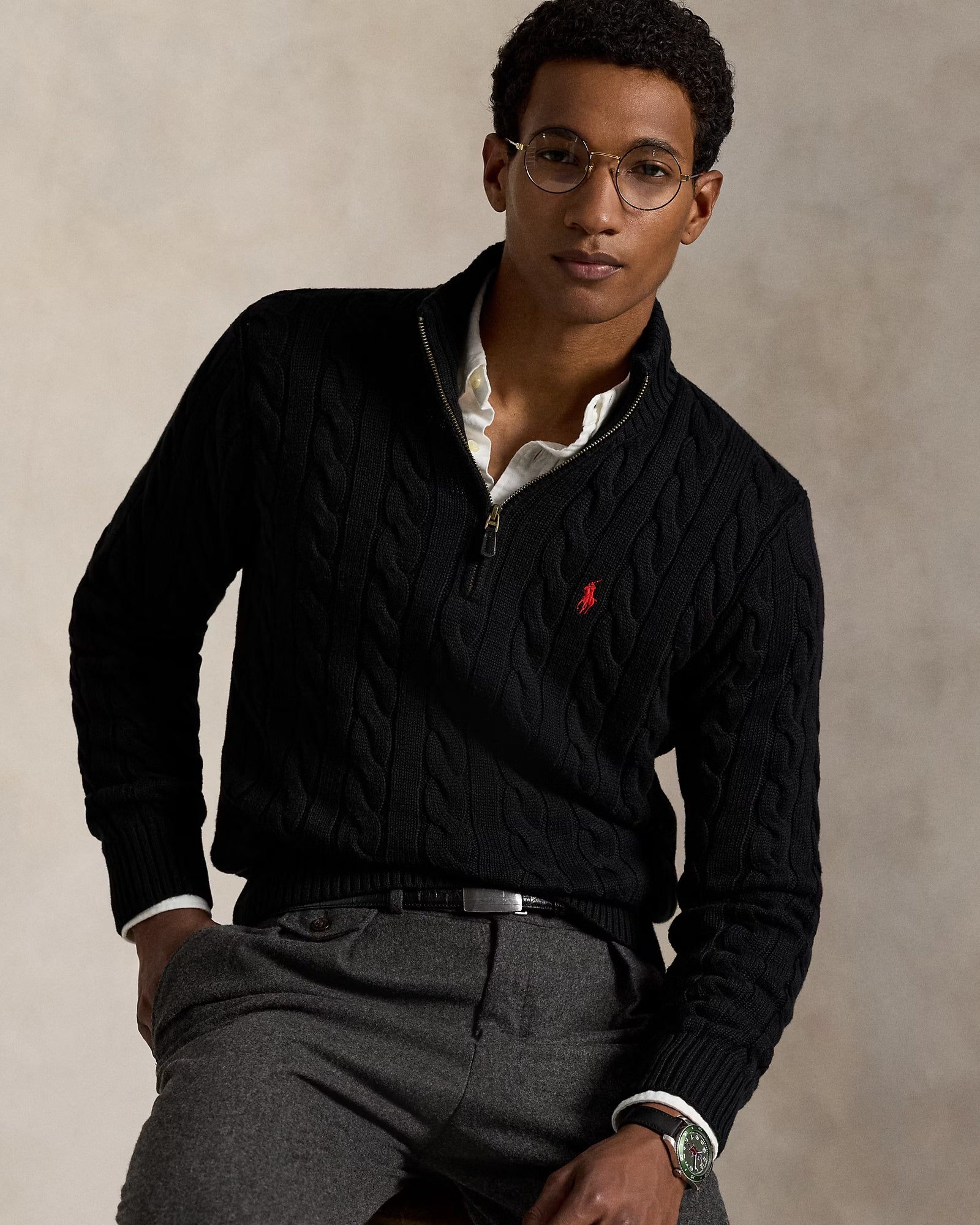 RL-Cable-Knit Cotton Quarter-Zip Jumper-BLACK