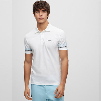 HU BOSS-Polo shirt with multicoloured logos-WHITE