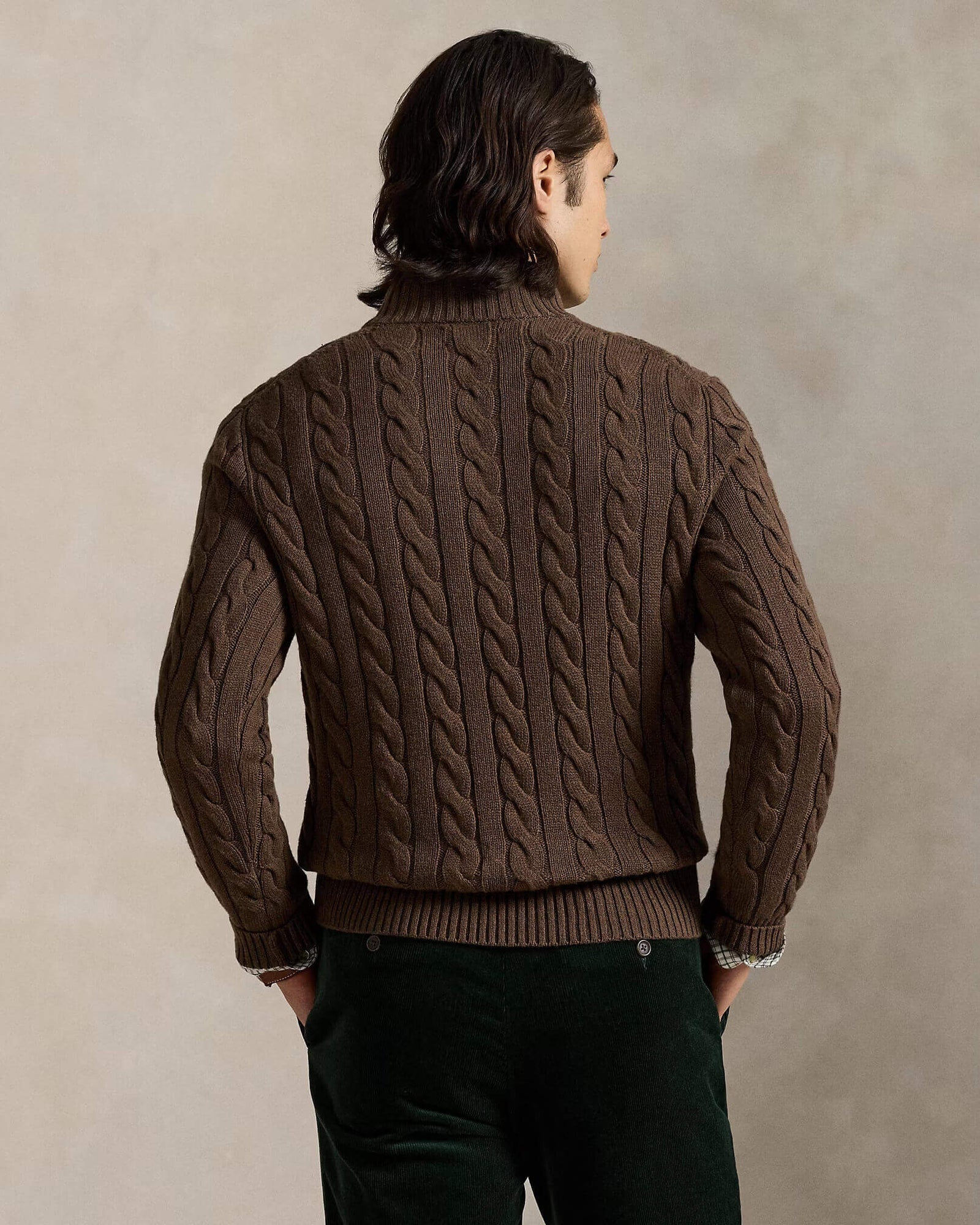 RL-Cable-Knit Cotton Quarter-Zip Jumper-BROWN