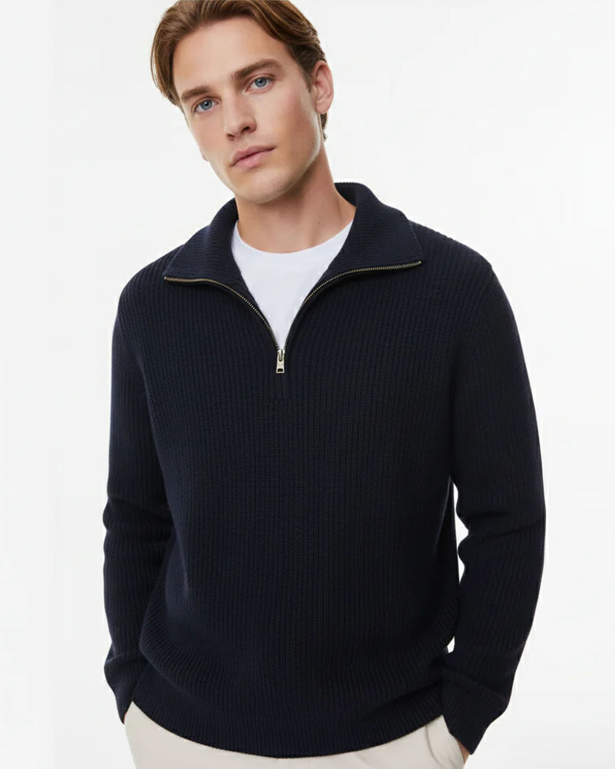 P&amp;B  RIBBED KNIT SWEATER-NAVY