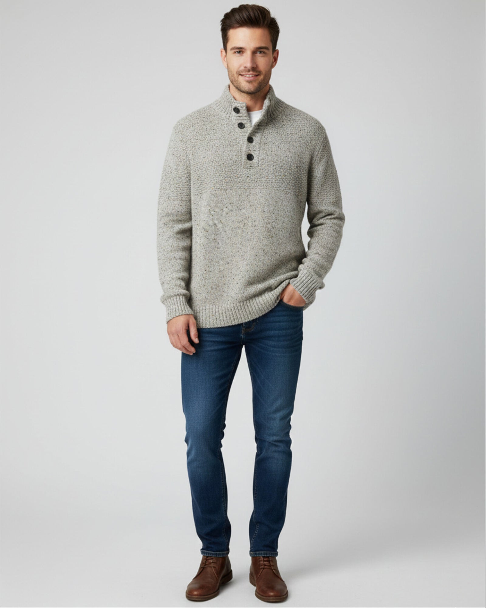 JR SPECKLED KNIT BUTTON COLLAR SWEATER