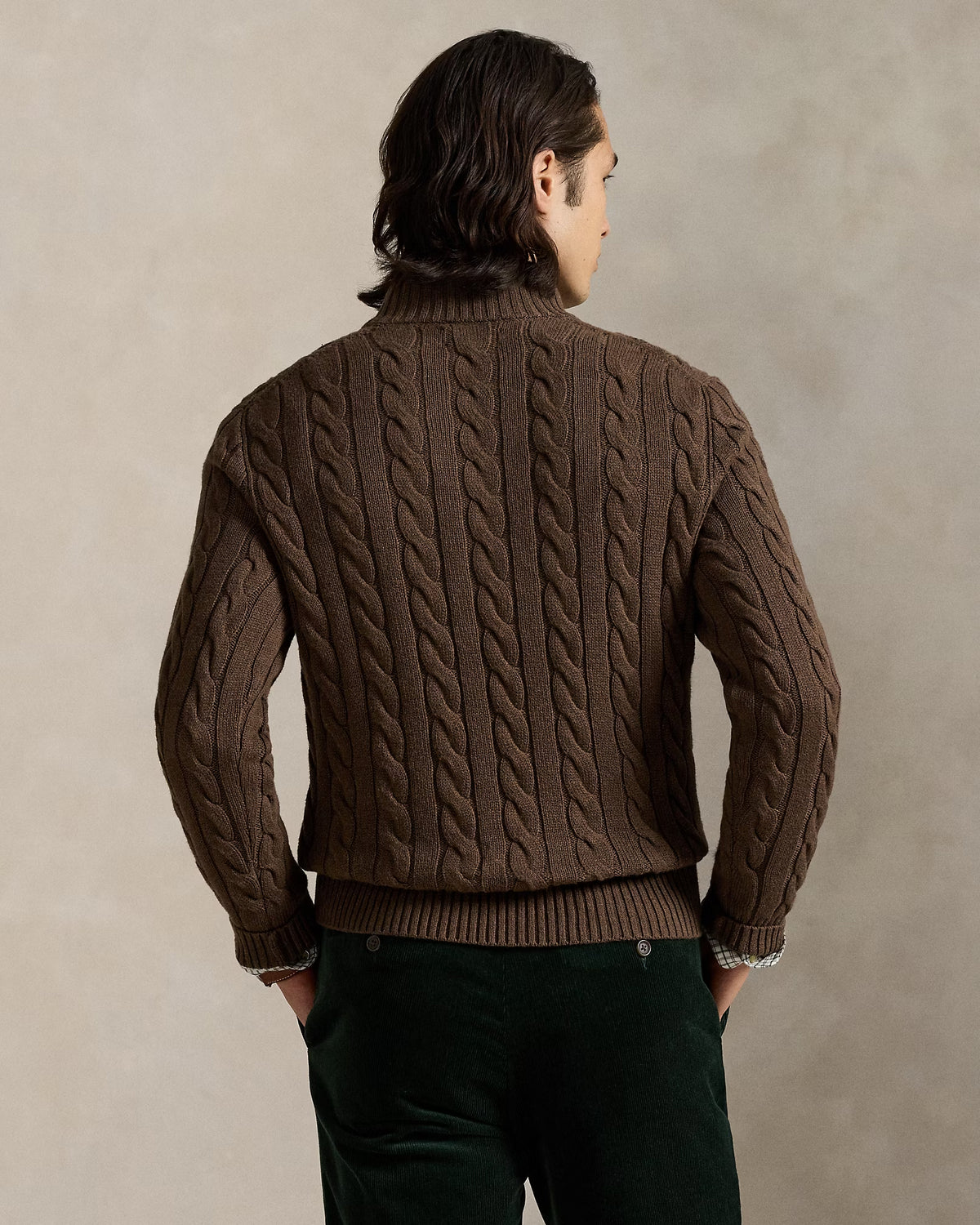 RL-Cable-Knit Cotton Quarter-Zip Jumper-BROWN