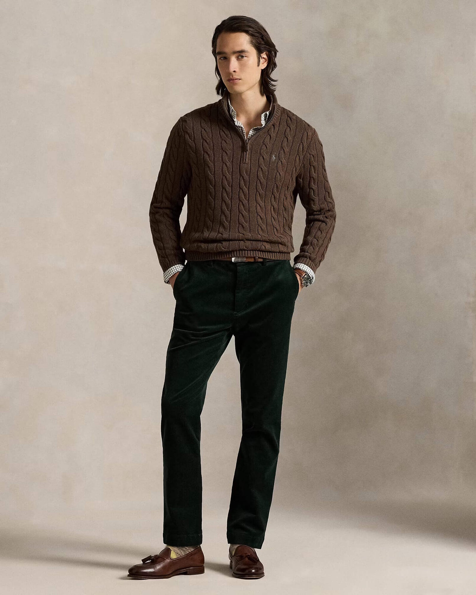 RL-Cable-Knit Cotton Quarter-Zip Jumper-BROWN