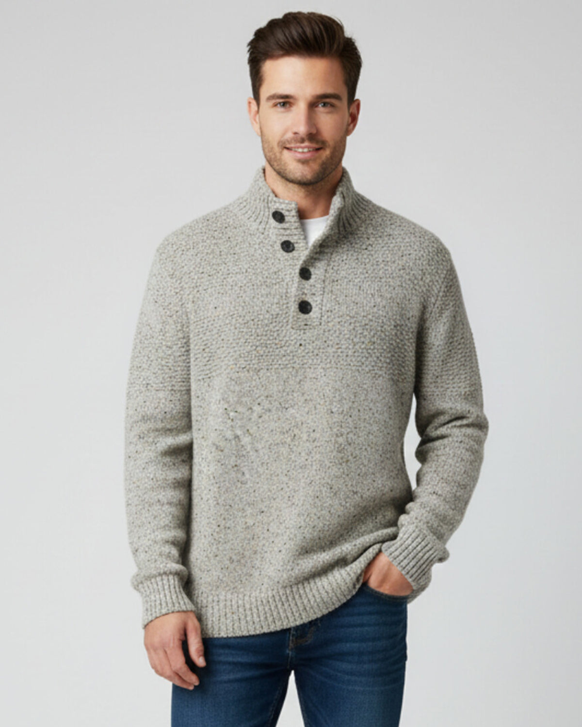 JR SPECKLED KNIT BUTTON COLLAR SWEATER