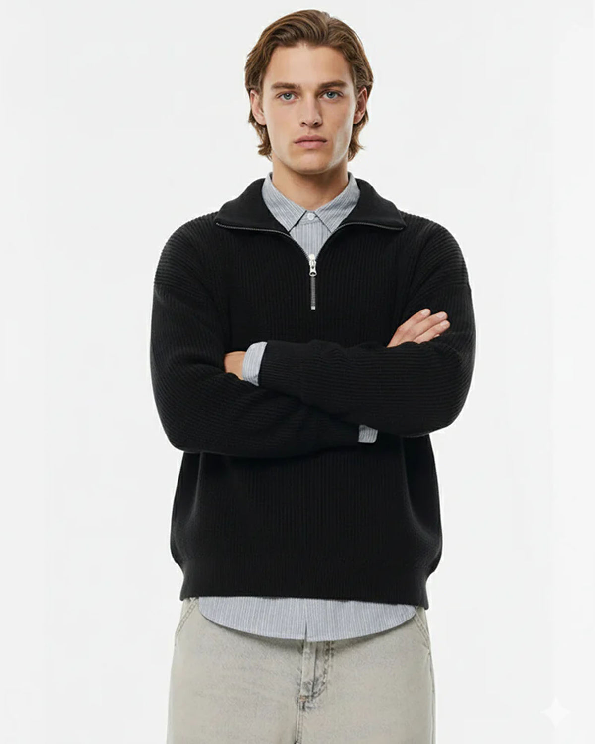 P&amp;B  RIBBED KNIT SWEATER-BLACK