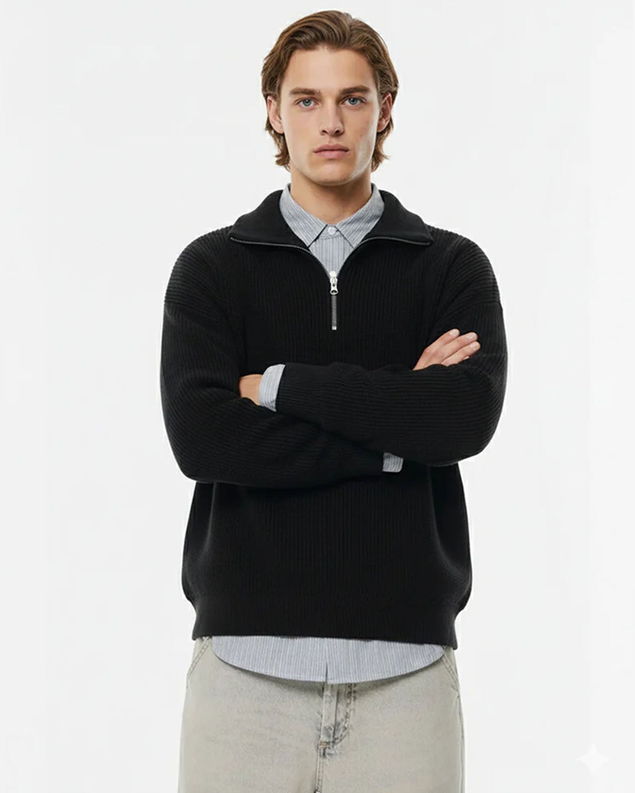 P&B  RIBBED KNIT SWEATER-BLACK