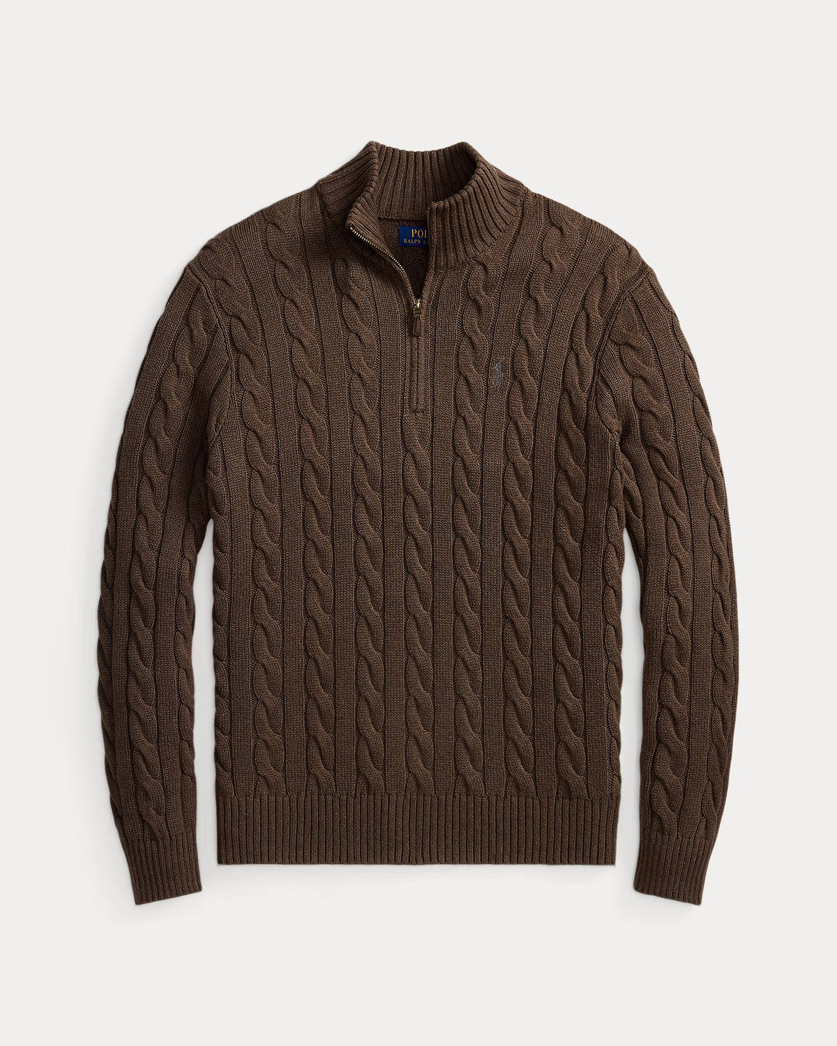 RL-Cable-Knit Cotton Quarter-Zip Jumper-BROWN