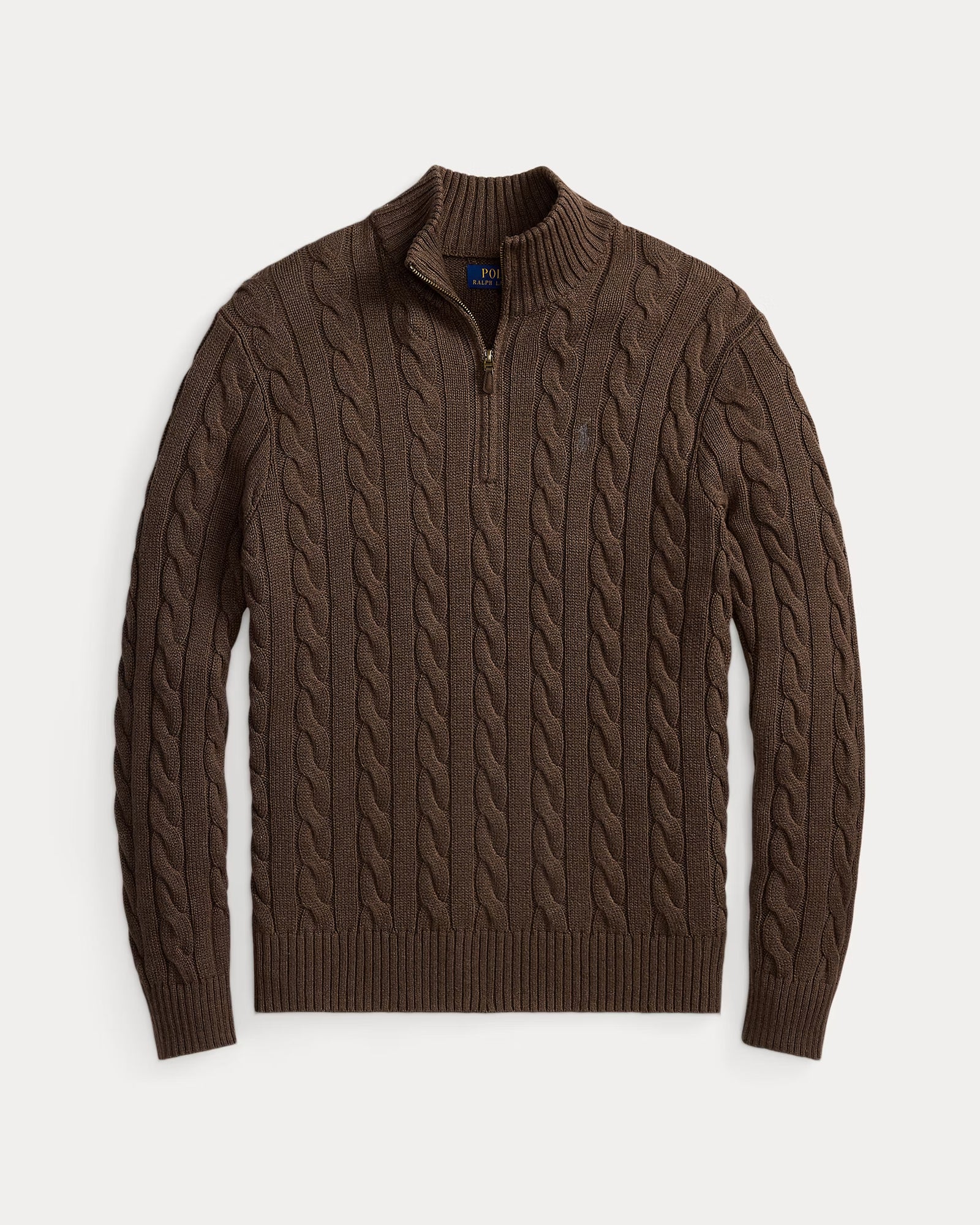 RL-Cable-Knit Cotton Quarter-Zip Jumper-BROWN
