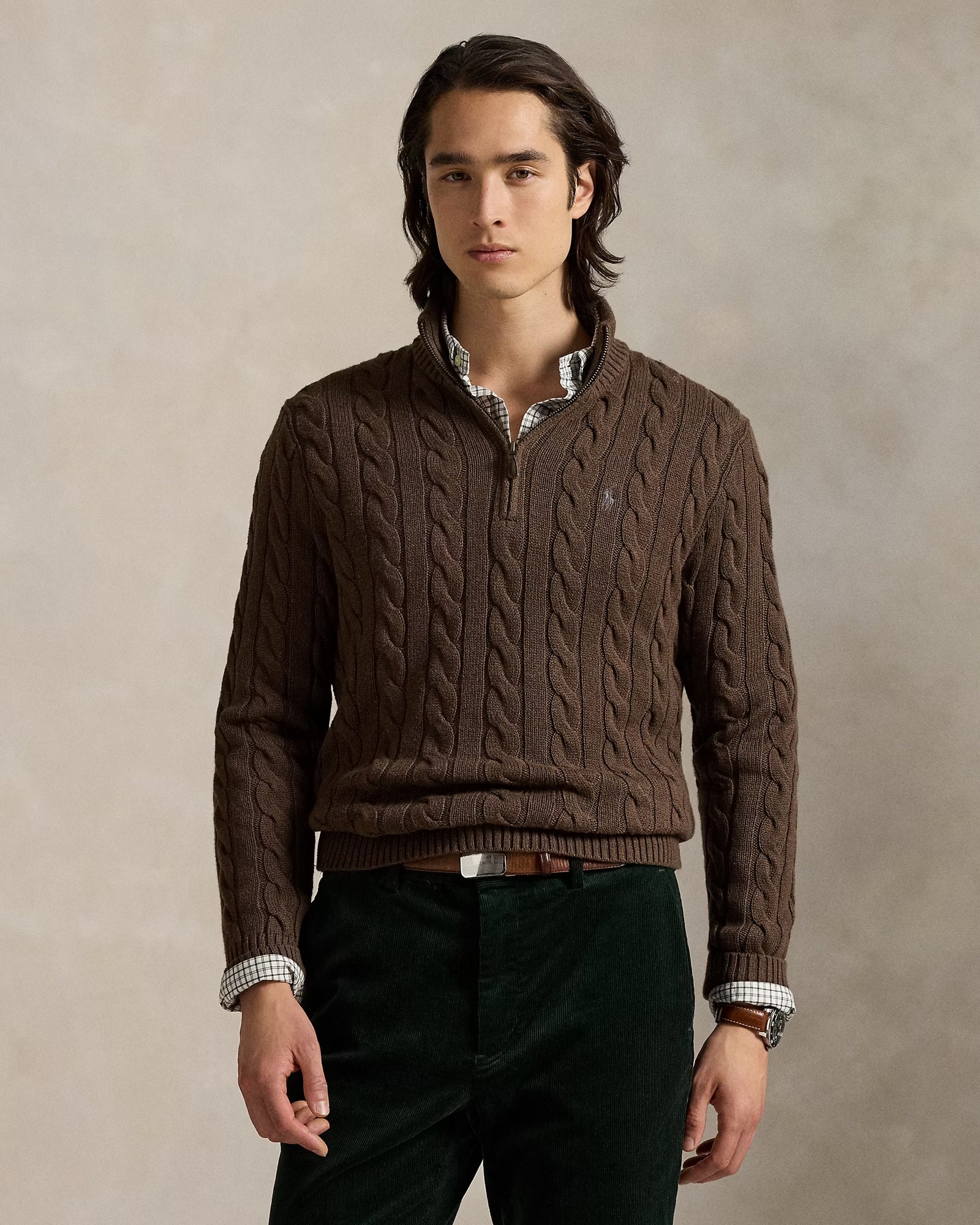 RL-Cable-Knit Cotton Quarter-Zip Jumper-BROWN