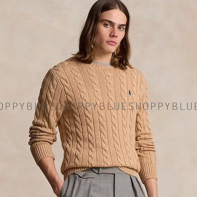 RL CABLE KNIT COTTON SWEATER-camel