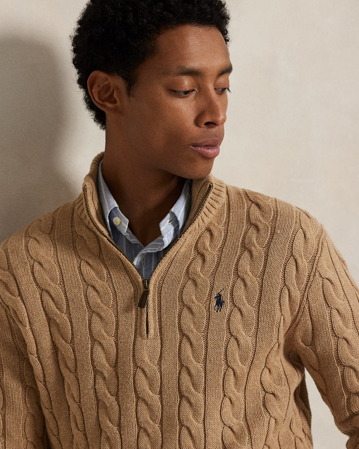 RL-Cable-Knit Cotton Quarter-Zip Jumper-BEIGE