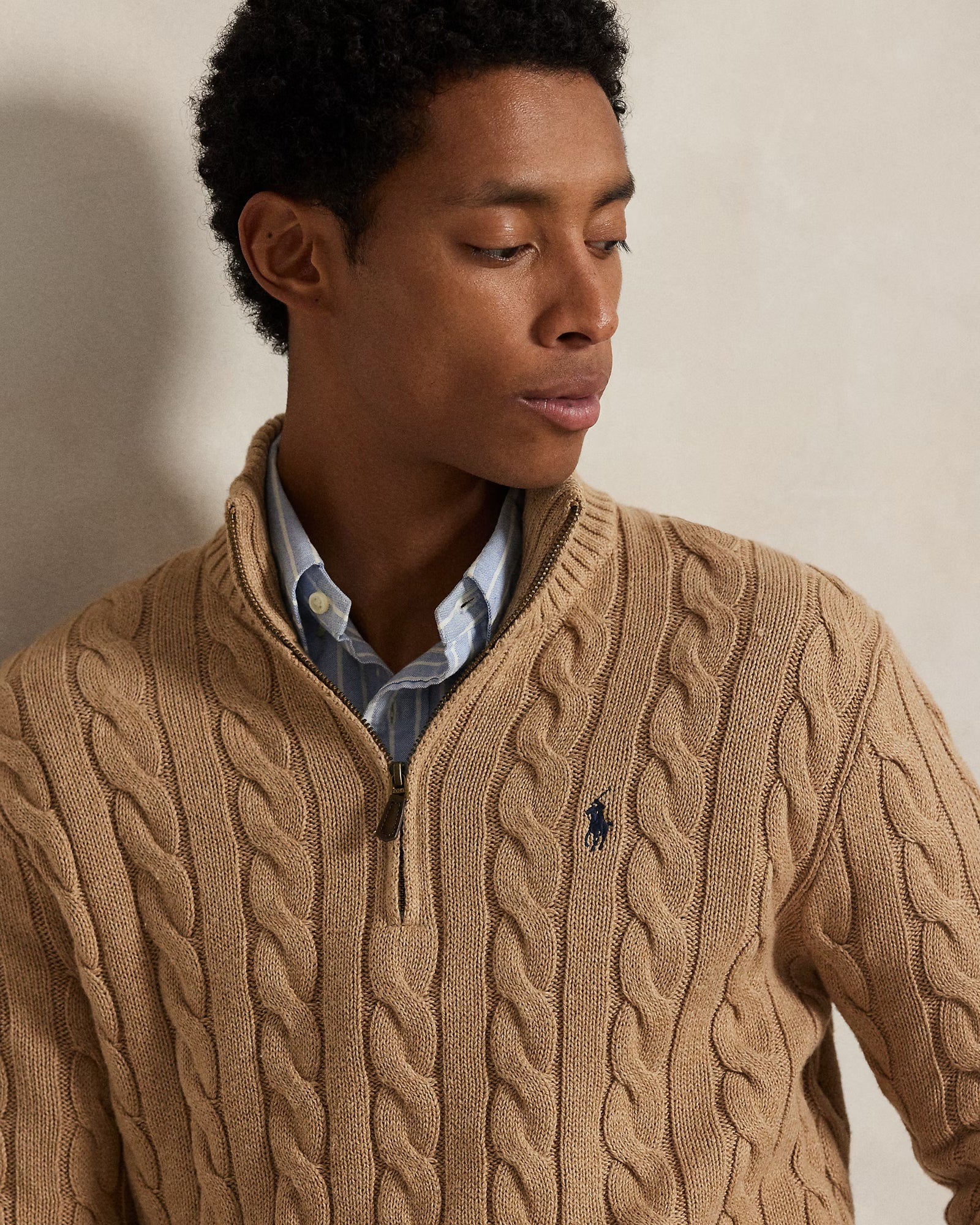 RL-Cable-Knit Cotton Quarter-Zip Jumper-BEIGE