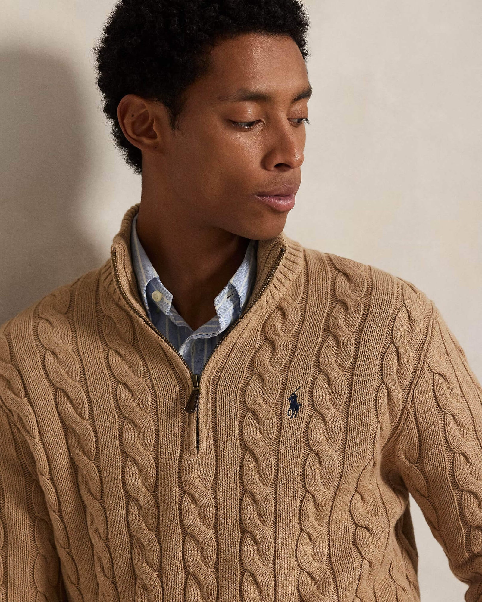 RL-Cable-Knit Cotton Quarter-Zip Jumper-BEIGE
